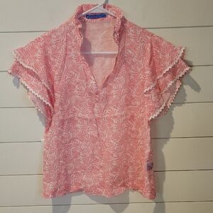 J. McLAUGHLIN PINK LEAF PRINT BLOUSE  XS  PINK/WHITE